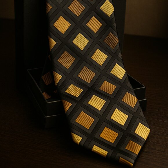 Elegant Black and Gold Geometric Men's Tie - Picture 2 of 2